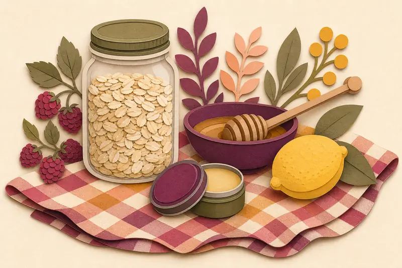 Hand-drawn pantry items: oats, honey, lip balm tin and a checked kitchen towel