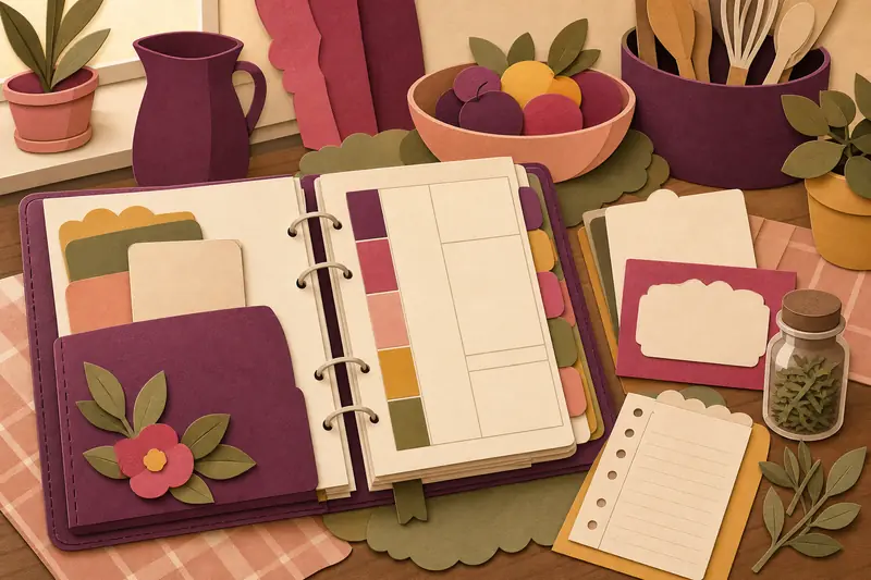 Open planner binder with colored tabs, recipe cards and a grocery list on a kitchen table