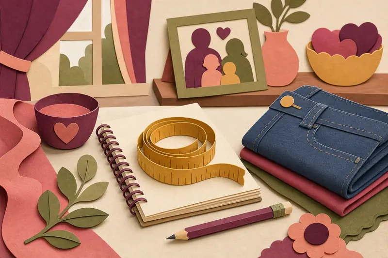 Hand-drawn tape measure, notebook and folded jeans on a wooden table