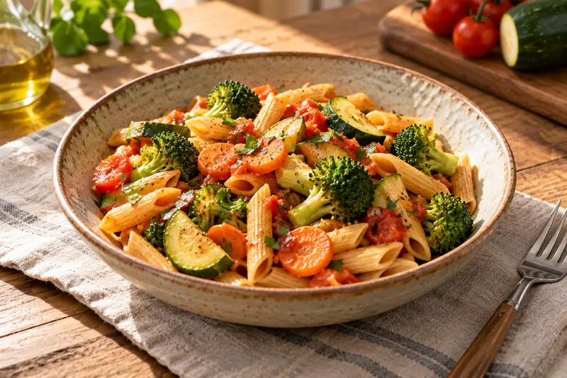 Vegetable pasta in a ceramic bowl (AI-generated image)