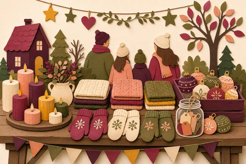 Illustrated craft table with candles, knitted mittens, ornaments and price tags