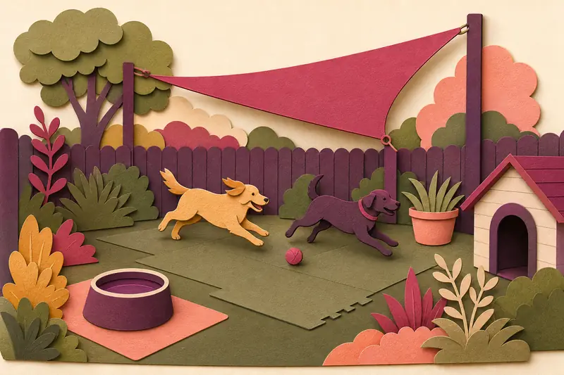 Fenced play yard with two dogs, a ball, water bowl and shade canopy