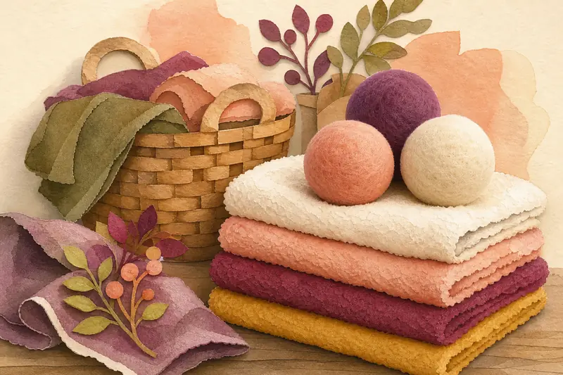 Wool dryer balls on folded towels next to a wicker laundry basket