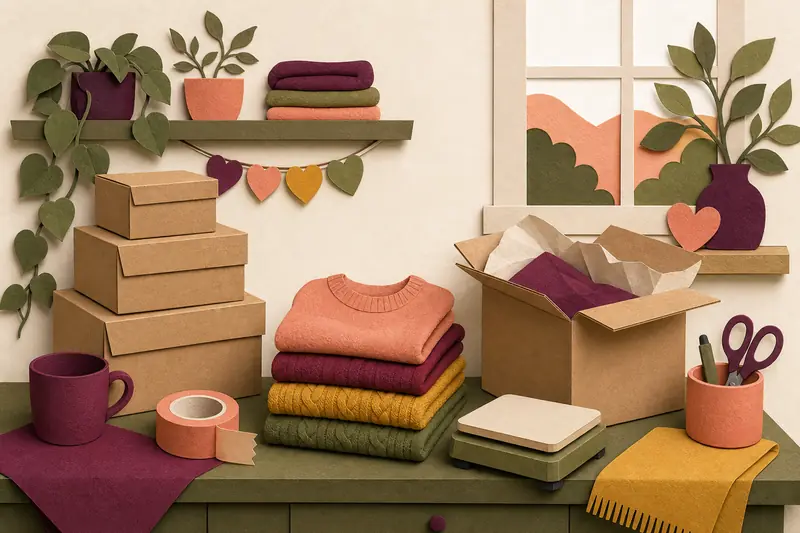 Illustrated home packing station with boxes, tape, a shipping scale and folded sweaters