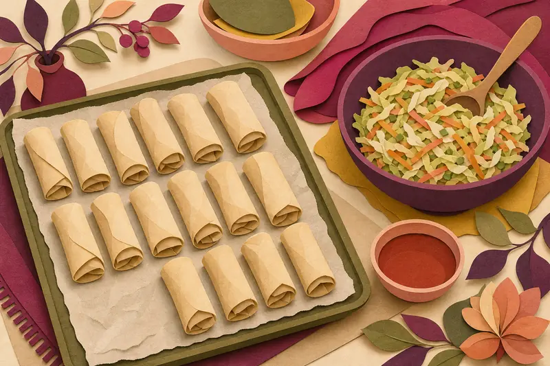 Homemade egg rolls lined up on a baking sheet beside a bowl of cabbage filling