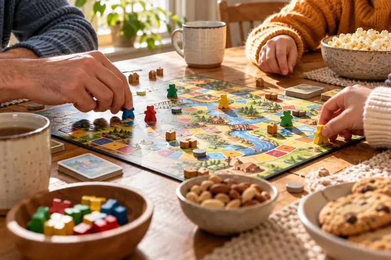Family hands playing a board game (AI-generated image)