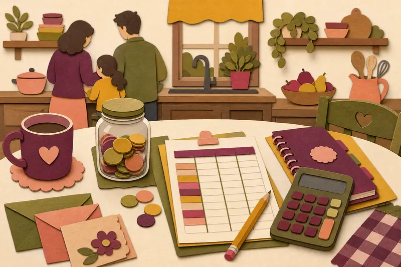 Handwritten family budget sheet on a kitchen table with calculator and coin jar