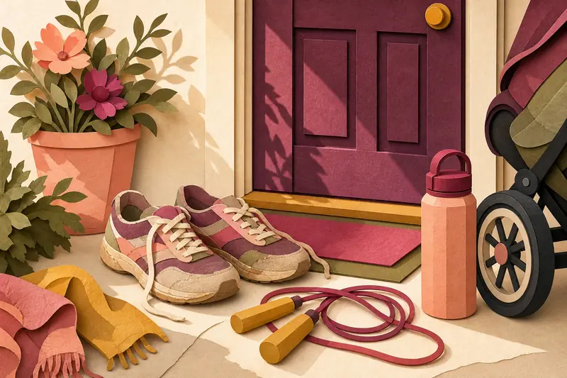 Hand-drawn sneakers, jump rope and water bottle beside a front door