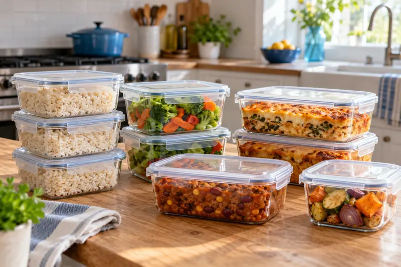 Labeled freezer meals stacked in containers (AI-generated image)