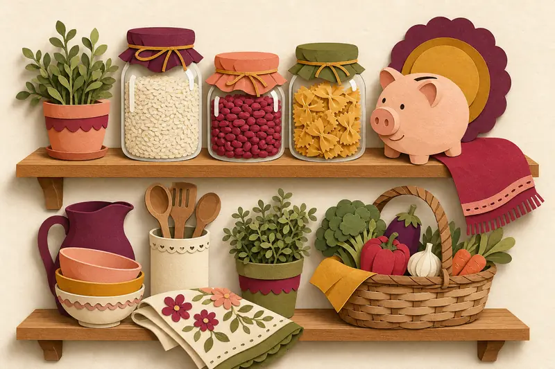 Kitchen shelf with jars of rice, beans and pasta, a piggy bank and a basket of vegetables
