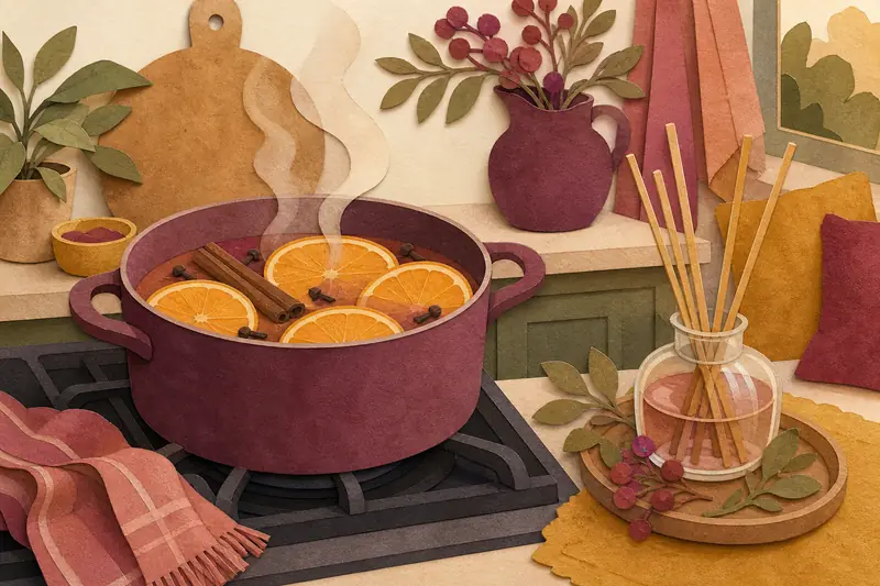Stovetop simmer pot with orange slices and cinnamon beside a reed diffuser