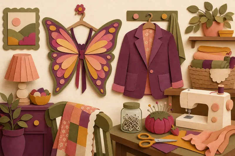 Illustrated homemade butterfly wings and a thrift store blazer hanging by a sewing table