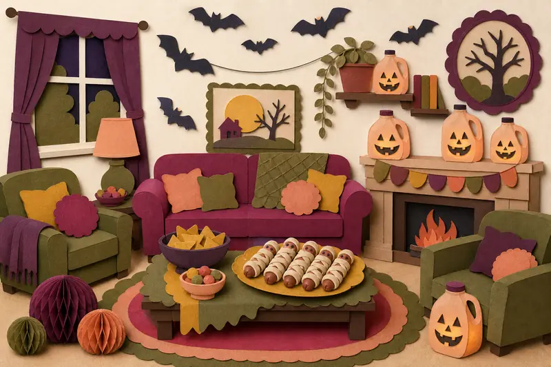 Illustrated Halloween party room with milk jug lanterns, paper bats and mummy hot dogs