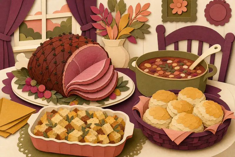 Glazed ham on a platter with bean soup, breakfast strata and biscuits