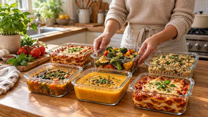 Home-cooked meals portioned into glass containers on a kitchen counter (AI-generated image)
