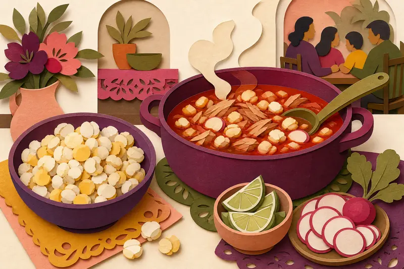 Bowl of white hominy kernels next to a pot of red pozole with limes