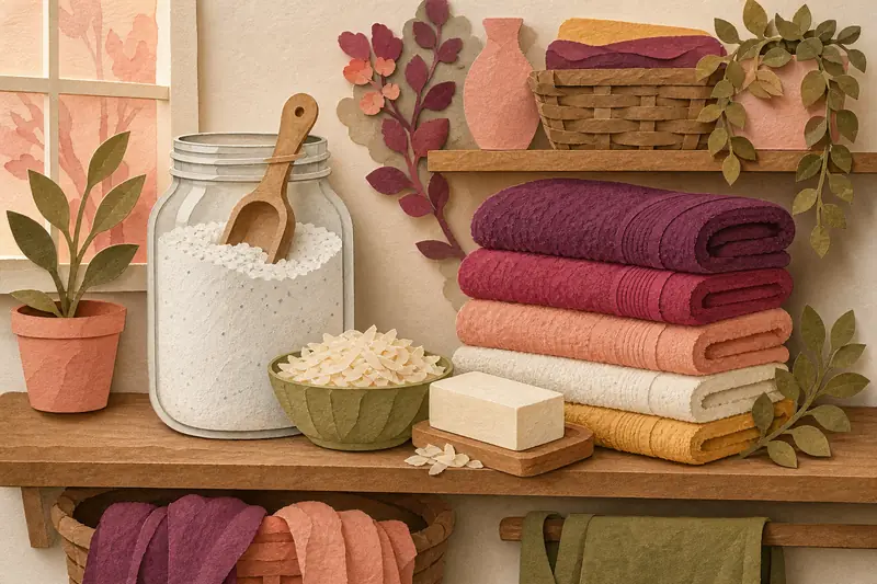 Jar of homemade laundry powder beside grated soap and folded towels