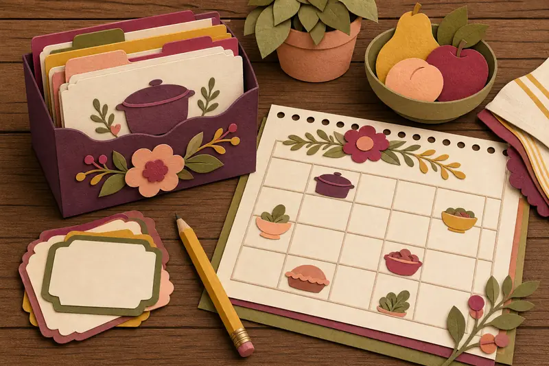 Freezer meal plan with a monthly calendar, grocery list and labeled freezer containers