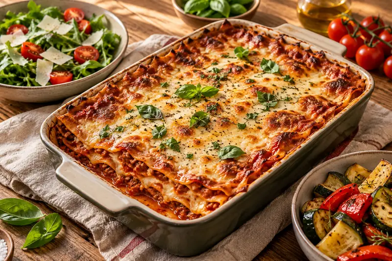 Homemade lasagna baked in a casserole dish (AI-generated image)