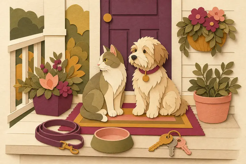 Cat and small dog on a porch mat beside a leash, bowl and house keys