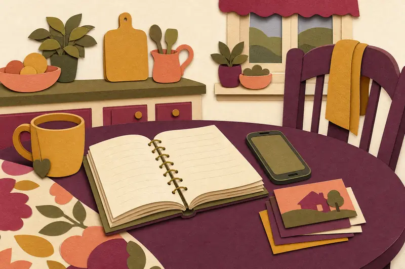 Notebook of phone numbers with a cell phone and stack of business cards