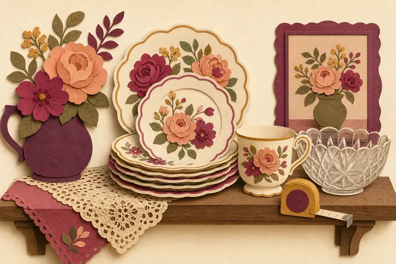 Vintage floral china plates, teacup and glass bowl on a thrift shelf with tape measure