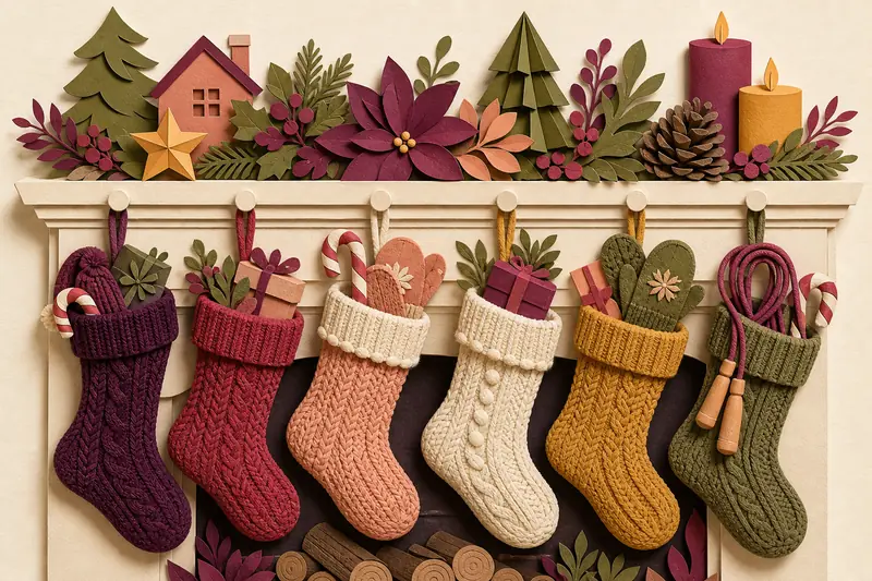 Knitted Christmas stockings on a mantel filled with small gifts and candy canes