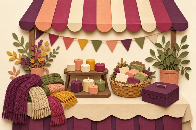 Craft fair table with knitted scarves, candles and handmade soaps under a striped awning