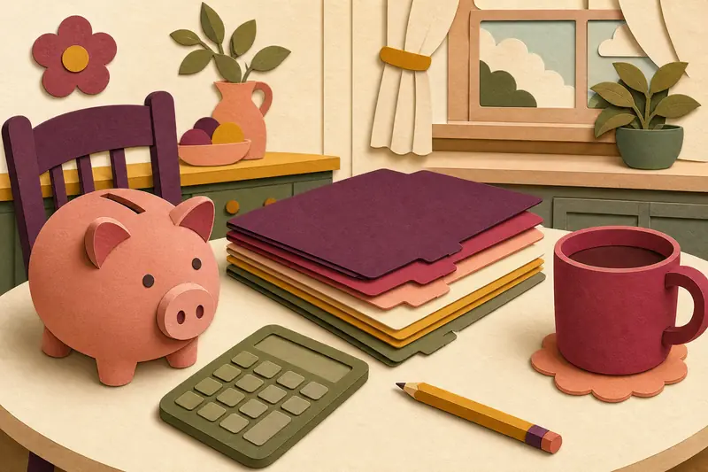 Organized desk with a folder of receipts, calculator and envelopes for tax season