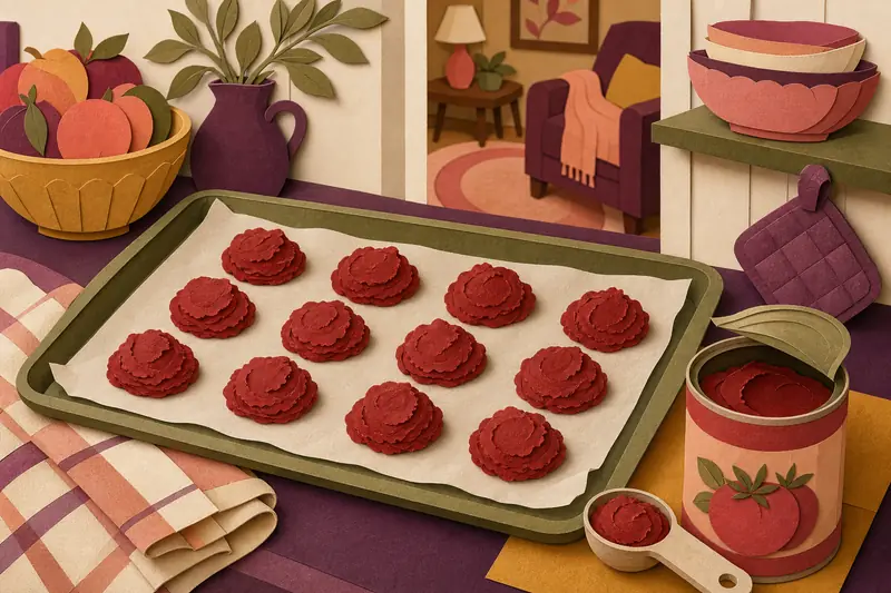Tablespoon mounds of tomato paste on wax paper next to an open can