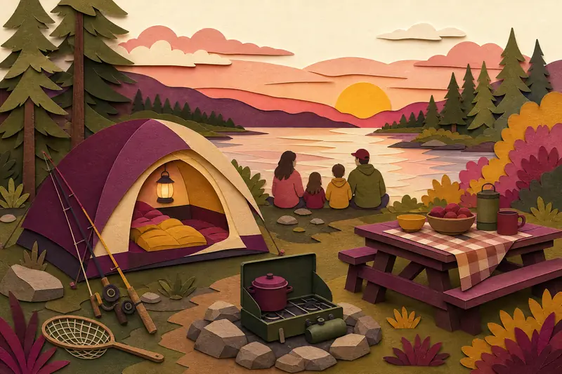 Dome tent at a lakeside campsite with fishing poles and a camp stove