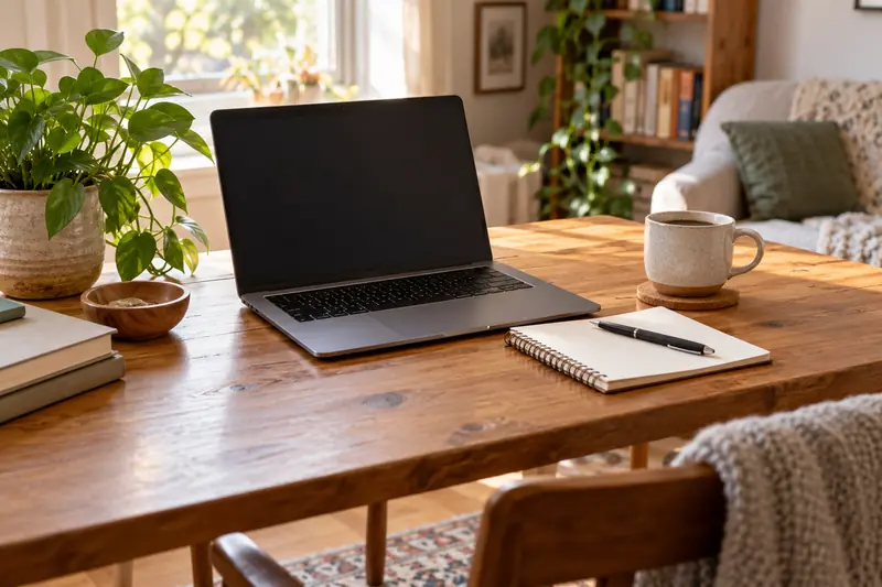 Warm desk setup for working from home (AI-generated image)