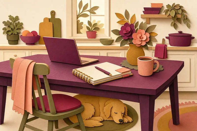 Kitchen table set up as a home office with laptop, planner, coffee and a sleeping dog